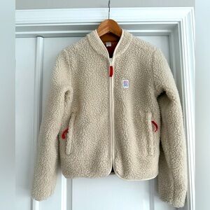 Topo Designs Cream Sherpa Jacket with Red Accents